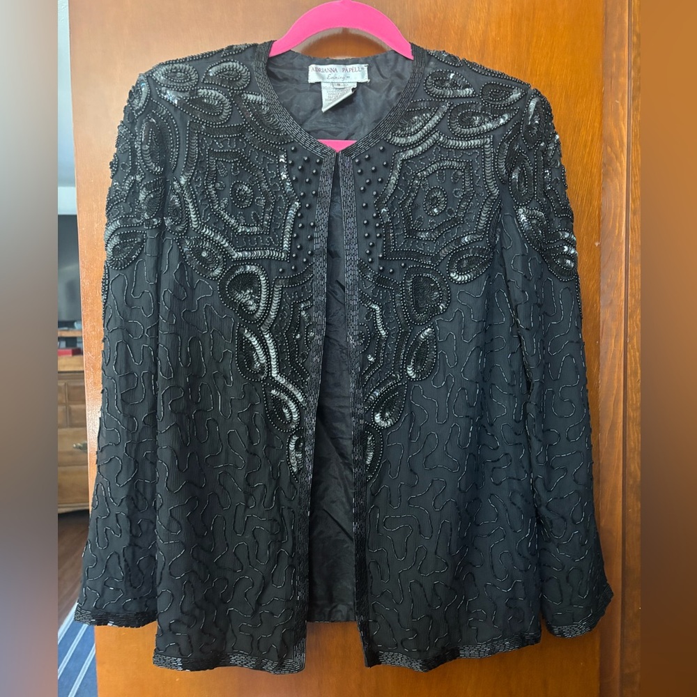 Vintage Adrianna Papell black silk evening jacket beaded and sequined